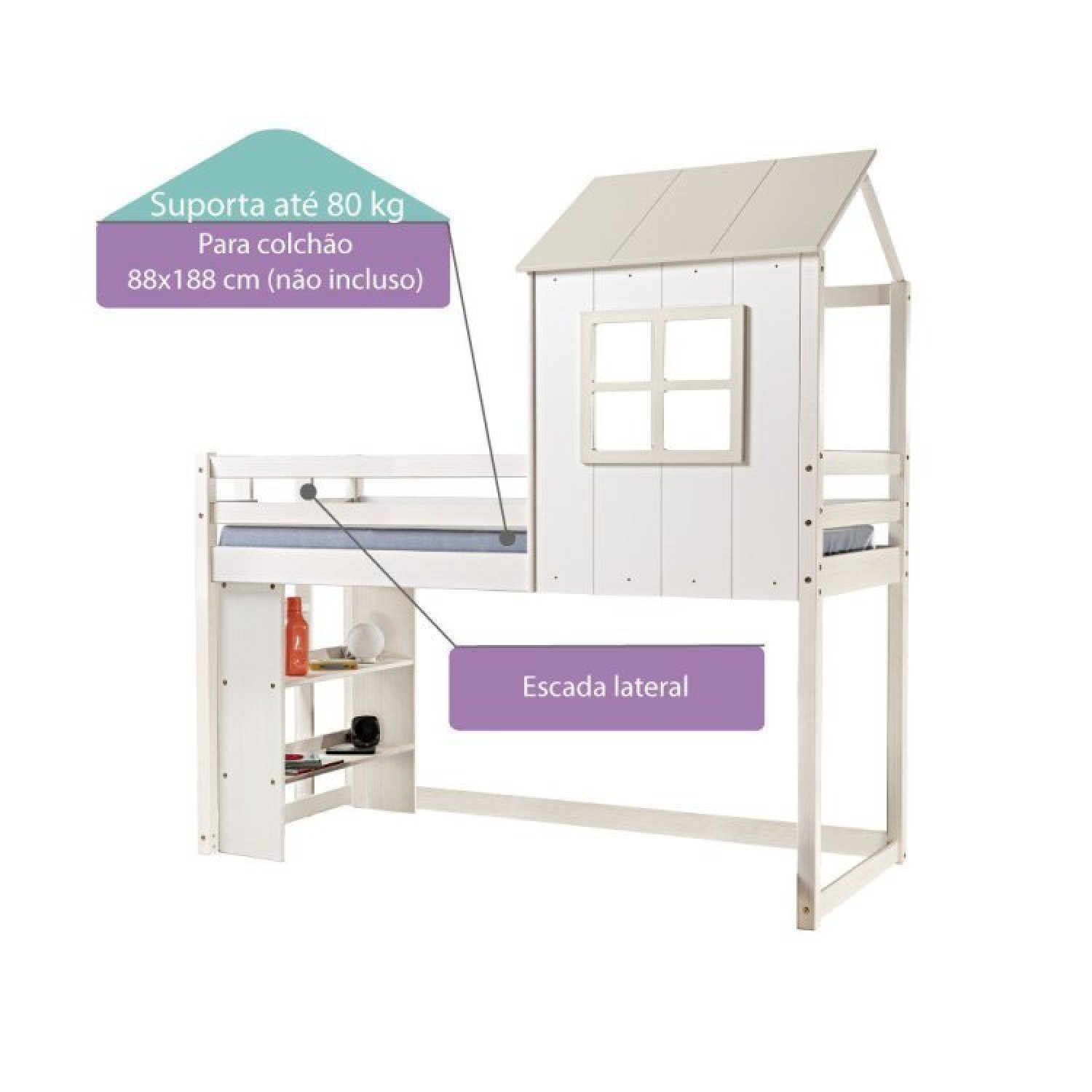 Cama Alta Infantil Cabana Family com Estante Casatema - 3