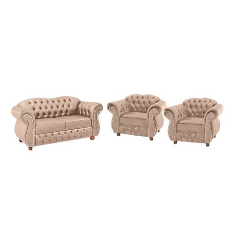 Conjunto Chesterfield Merlo Namoradeira c/ 2 Poltronas - Veludo Rose / decoração, recepção, sala tv 