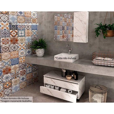 Conjunto de Banheiro Balcão C- Rodizios Bn3603 S- Cuba 80cm e Armário C- Espelho Bn3602 Mármore