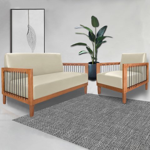 Conjunto Poltrona e Namoradeira Sala de Estar Pés Madeira Maciça Corda Náutica Preta 160cm Manila Pu