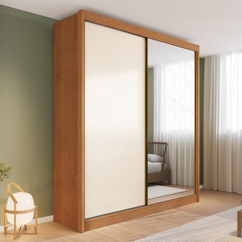 Guarda-Roupa 100% MDF com Espelho 2 Portas 4 Gavetas Trento Bege/Cinamomo/Off White