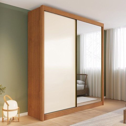 Guarda-Roupa 100% MDF com Espelho 2 Portas 4 Gavetas Trento Bege/Cinamomo/Off White
