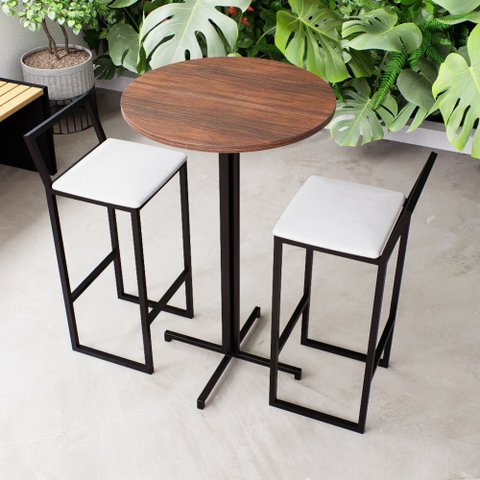 Conjunto Mesa Alta Bar Bistrô Redonda Imbuia 2 Banquetas Confort Estofado Don Castro