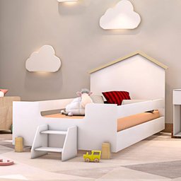 Cama Montessoriana Casinha Gold Solteiro Com Escadinha Branco - 1 Cama Montessoriana Casinha Gold Solteiro Com Escadinha Branco - 1