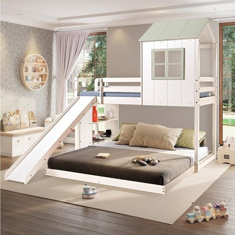 Beliche Queen Montessoriano Cabana Family com Escorregador e Estante Casatema MadeiraOriginals
