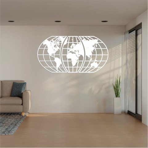 Quadro Decoração Vazado Mapa Mundi World Triplo Branco 70x37