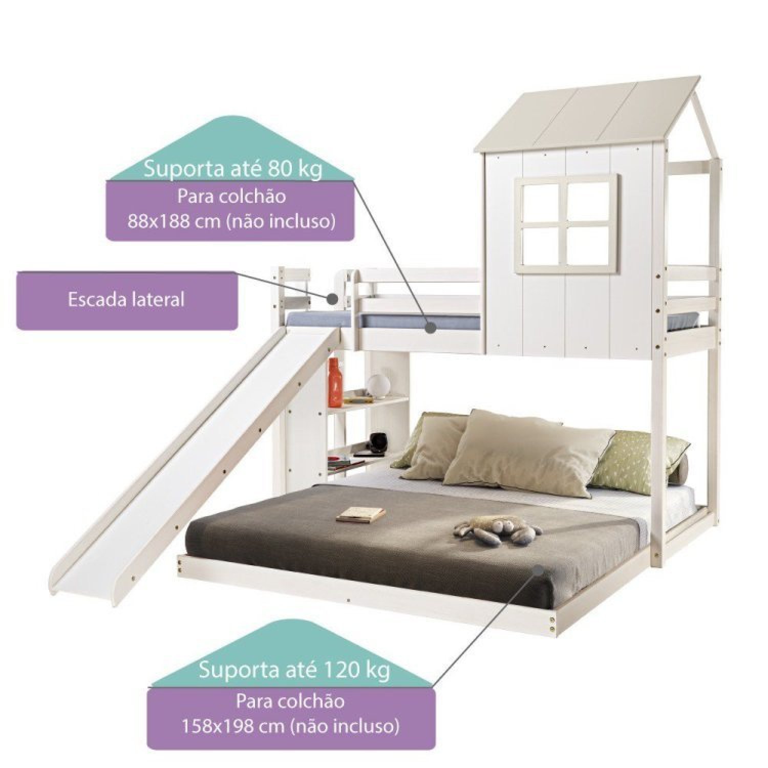 Beliche Queen Montessoriano Cabana Family com Escorregador e Estante Casatema - 3