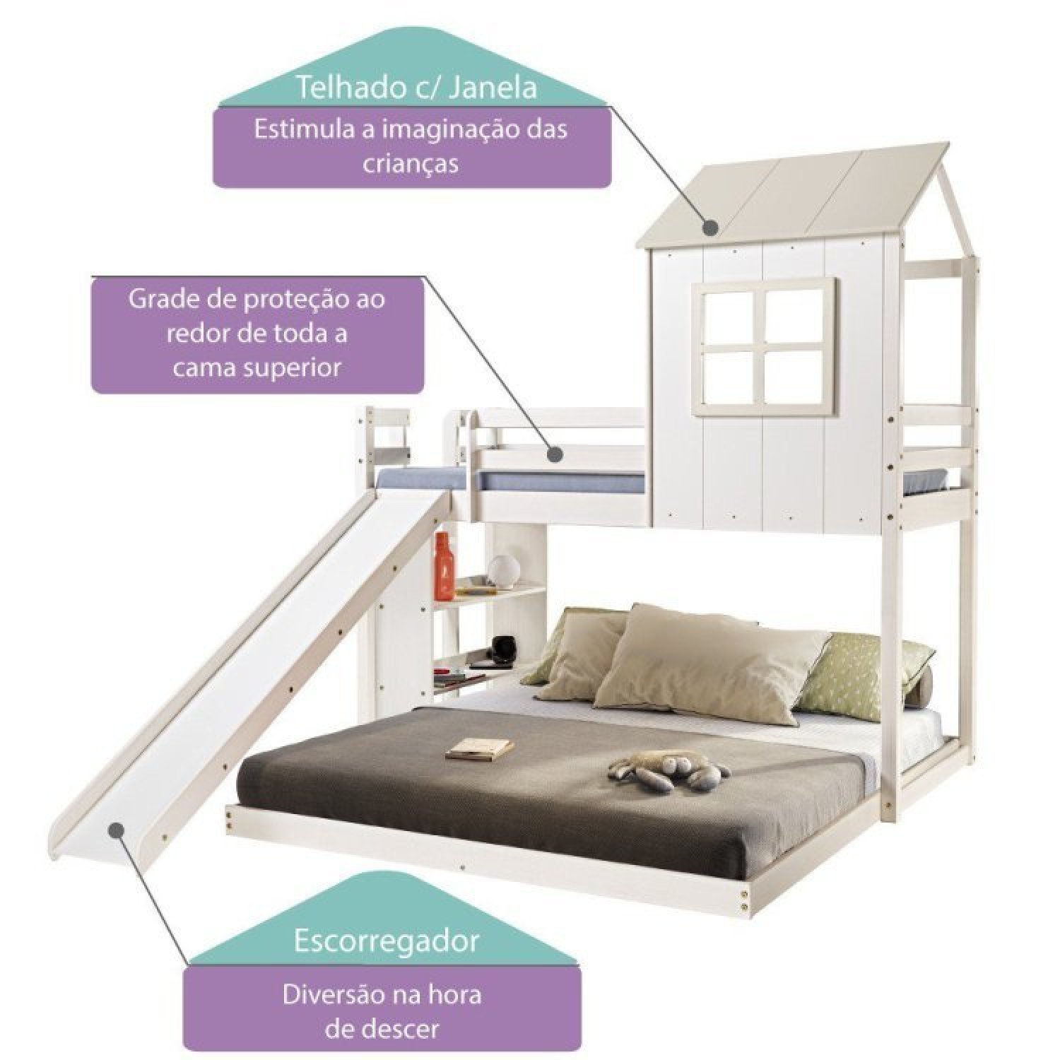 Beliche Queen Montessoriano Cabana Family com Escorregador e Estante Casatema - 4