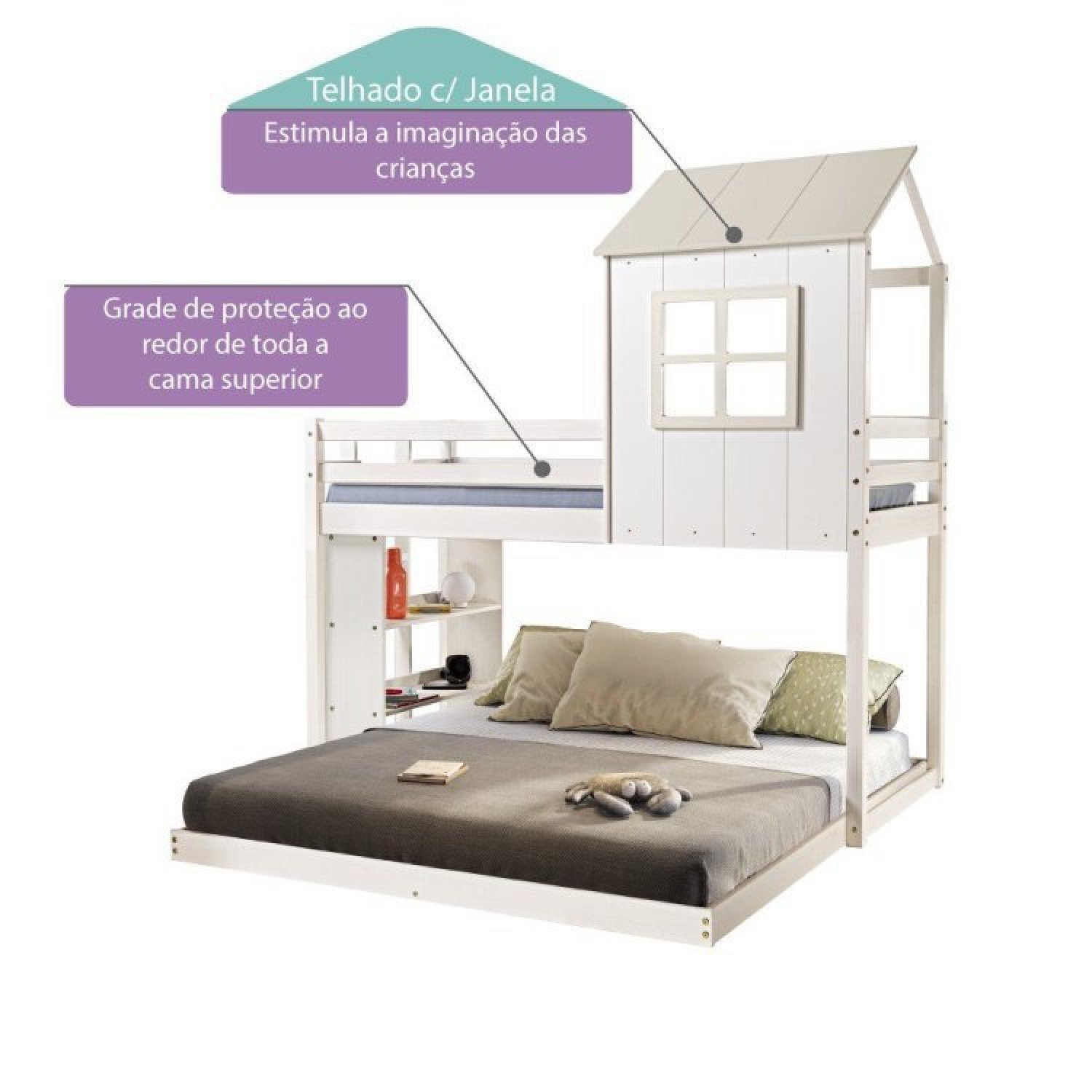 Beliche Solteiro Queen Montessoriano Cabana Family com Escorregador e Estante Casatema - 4