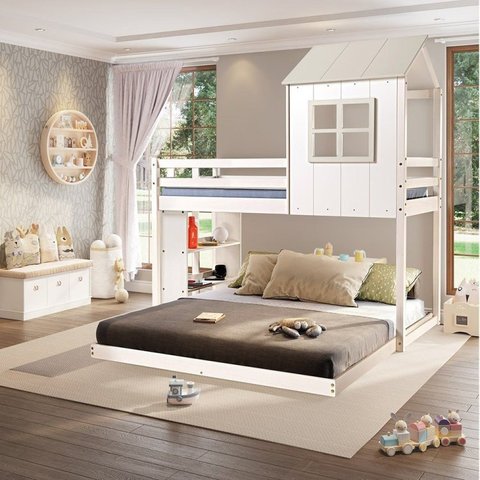 Beliche Solteiro Queen Montessoriano Cabana com Escorregador e Estante Casatema MadeiraOriginals Branco