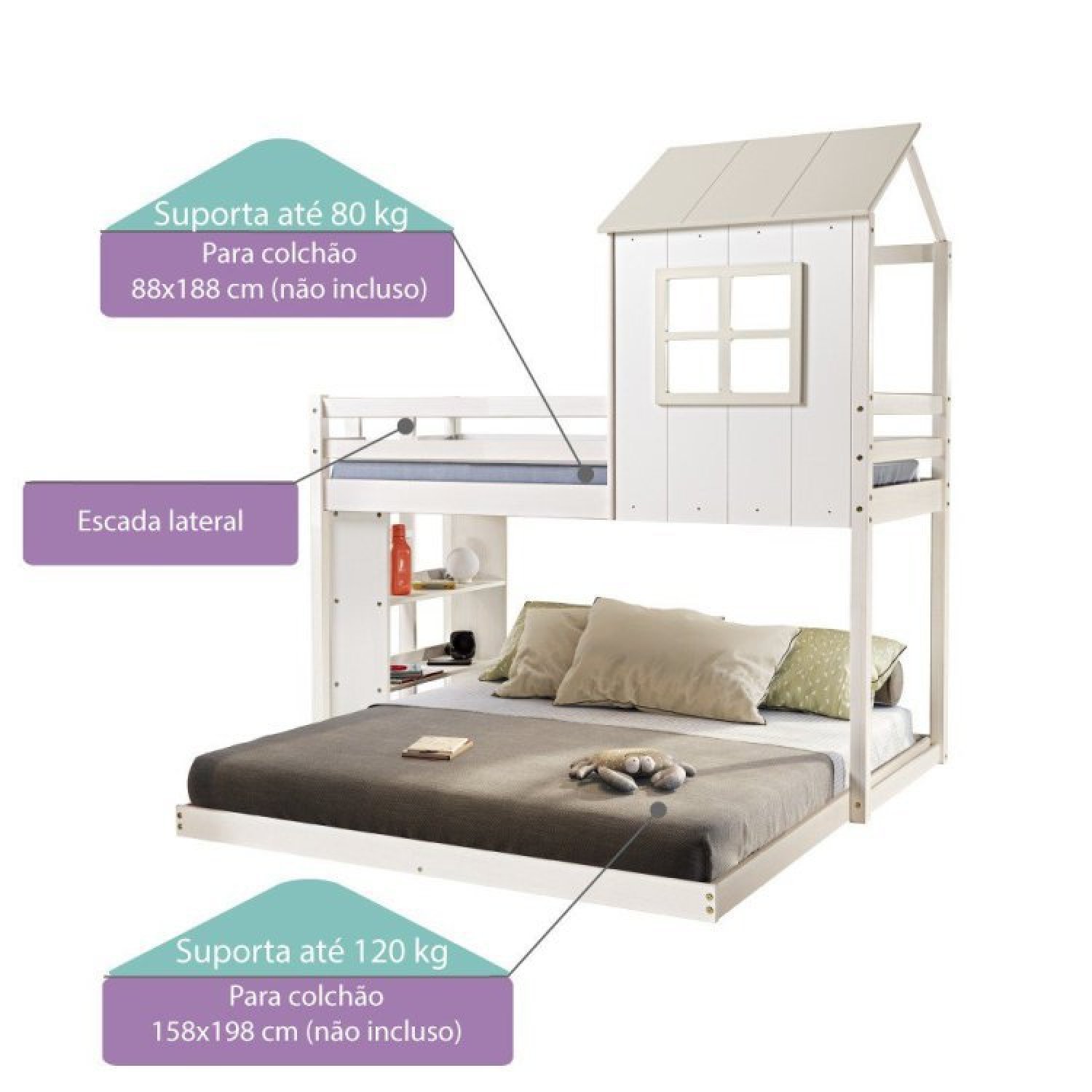 Beliche Solteiro Queen Montessoriano Cabana Family com Escorregador e Estante Casatema - 3