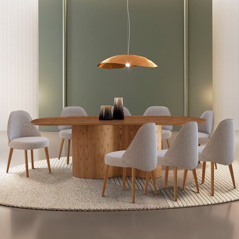 Sala de Jantar Mesa 220cm Tampo Laminado Orgânico 8 Cadeiras Ester Madeira Maciça Marrom/Brisa/Imbui