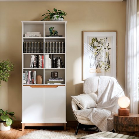 Estante para Livros Livreiro com 2 Portas e Nichos Prateleiras Branco / Freijó