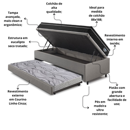 Bicama Box Baú Solteiro com Colchão Gransleep Ecoflex Molas Verticoil Courino Linho Cinza 88x188 - 5
