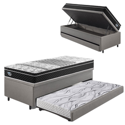 Bicama Box Baú Solteiro com Colchão Gransleep Ecoflex Molas Verticoil Courino Linho Cinza 88x188 - 1