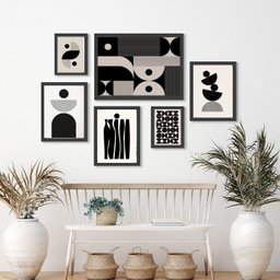 Composição 6 Quadros Abstratos- Formas Preto e Branco:madeira Branca - 1