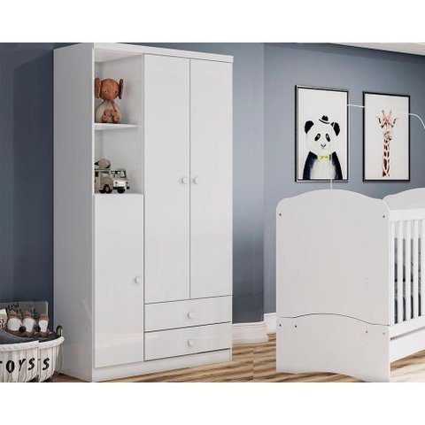 Guarda Roupa Infantil Bala de Menta C- 3 Portas e 2 Gavetas Branco - Henn