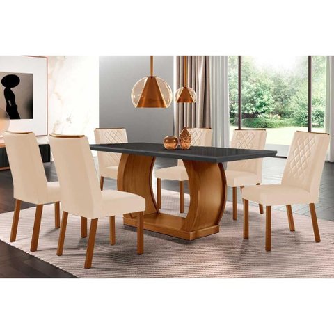 Sala de Jantar Completa Jade Tampo Madeirado C/ Vidro Reto 180x90 e 6 Cadeiras Jade Imbuia - Veludo