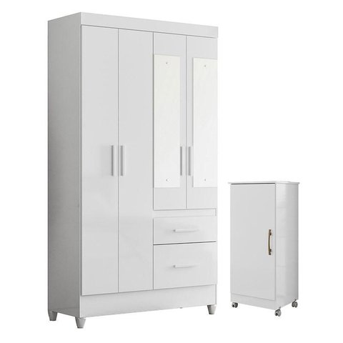 Guarda Roupa Solteiro Madri com Espelho e Armário Multiuso Lírio Branco Brilho – Moval