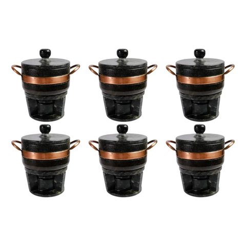 Kit Fondue 06 Panelas 500ml Pedra Sabão + 06 Rechauds