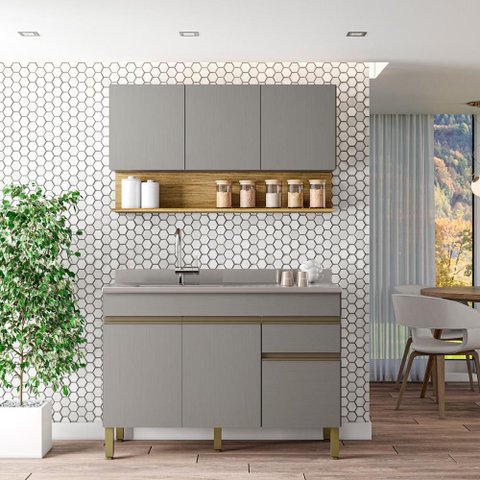 Kit Cozinha Line 02 Peças Balcão sem Tampo 120 Cm Cinza Gris - Cinza Gris