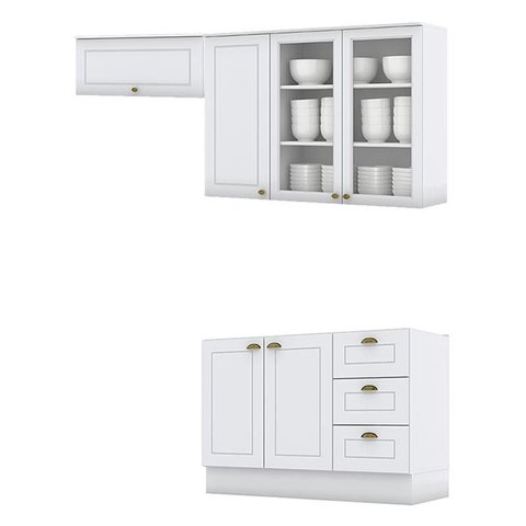 Balcão de Pia 120cm com Armário 1 Porta e Armário 3 Portas com Vidro Americana Branco Hp – Henn