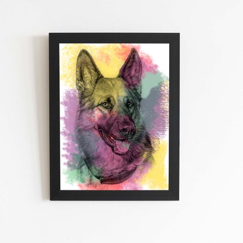 Quadro Cachorro Pastor Alemão Tinta Aquarela Moldura 20x30cm