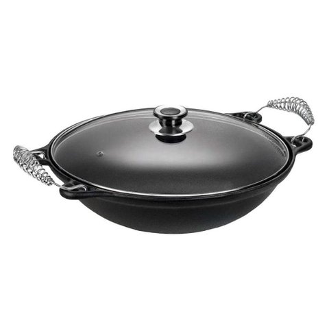 Panela Wok 877PM em Ferro Fundido sem Revestimento 4L 32cm Tampa de Vidro Temperado Panela Mineira
