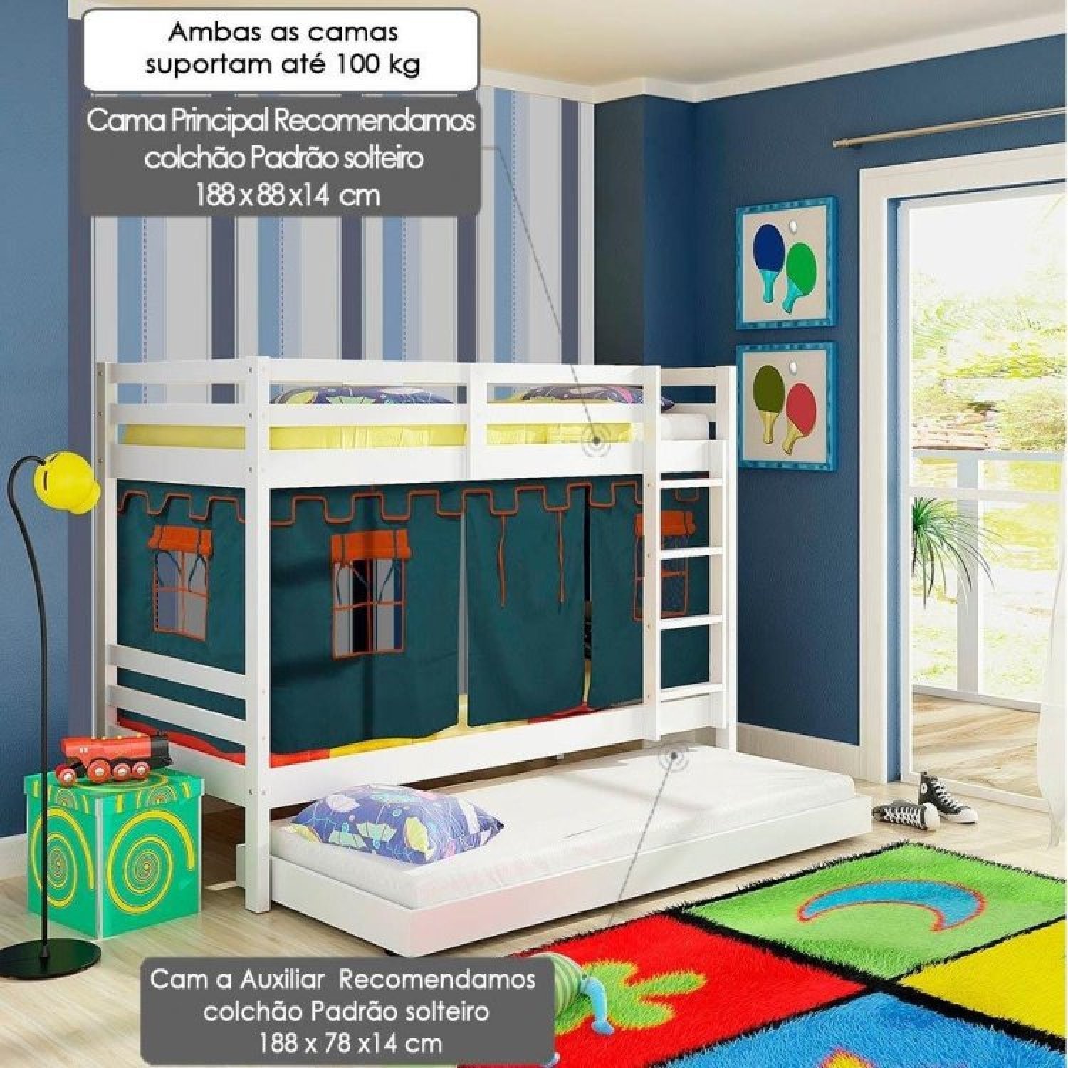 Beliche Infantil Teen Play com Cama Auxiliar e Tenda Madeira Maciça Casatema - 2