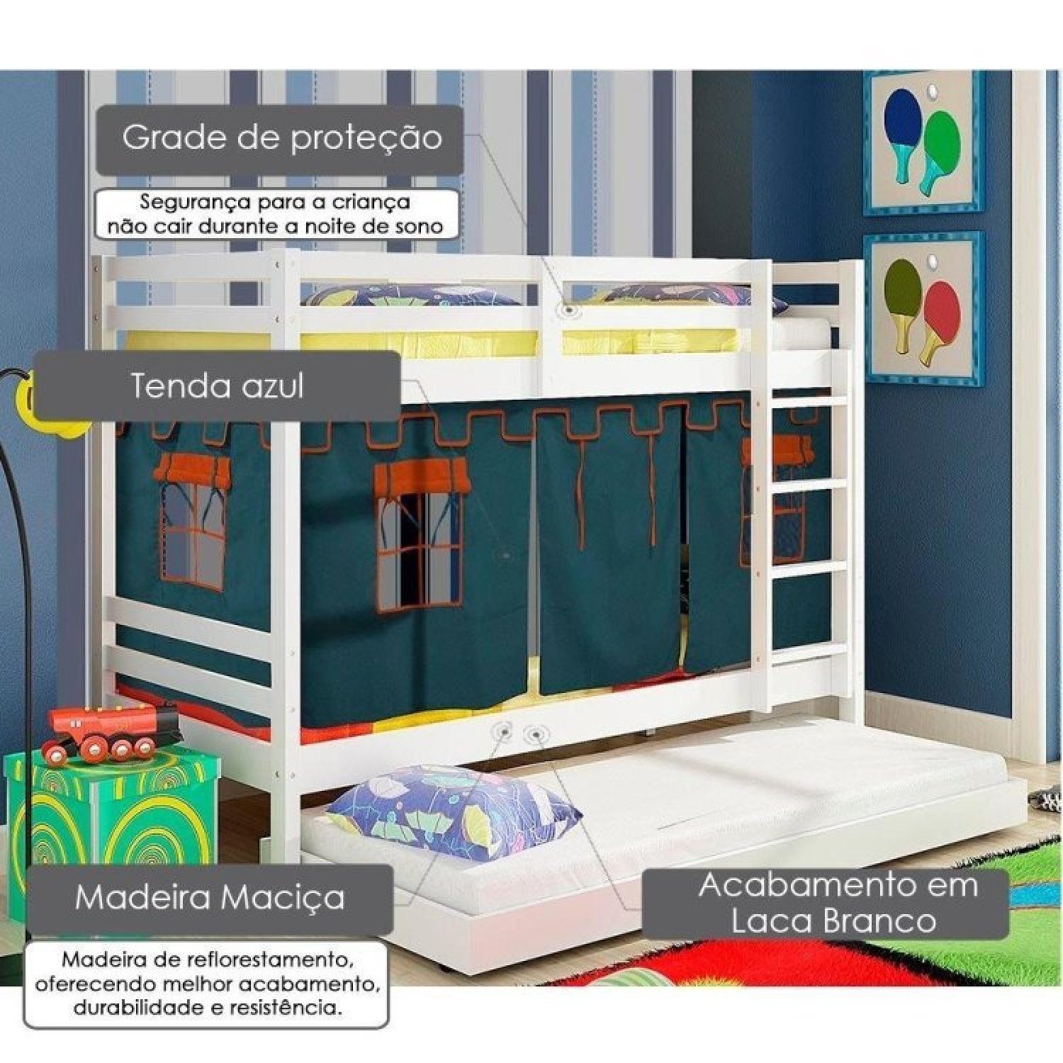 Beliche Infantil Teen Play com Cama Auxiliar e Tenda Madeira Maciça Casatema - 3