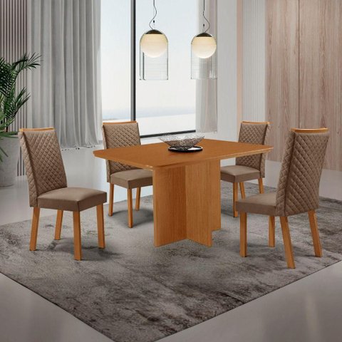 Conjunto Jantar Olimpia 4 Lugares MDF Cadeiras Lira Veludo Capuccino 120cm Moderna
