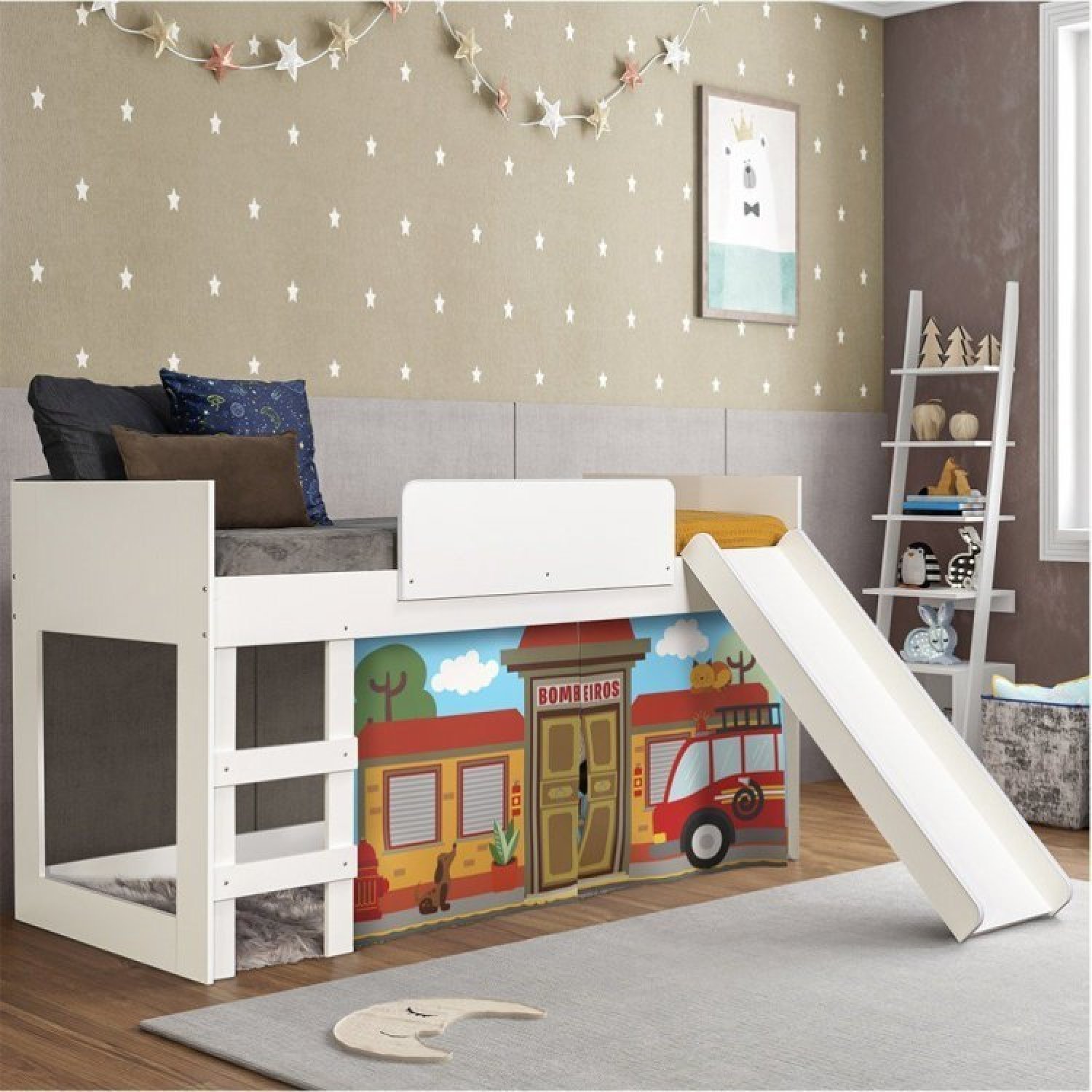 Cama Infantil com Escorregador e Tenda Bombeiros Casatema - 1