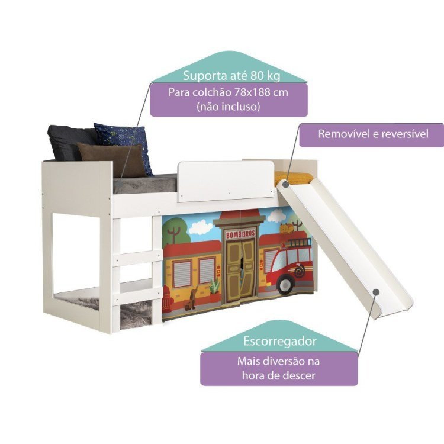 Cama Infantil com Escorregador e Tenda Bombeiros Casatema - 4