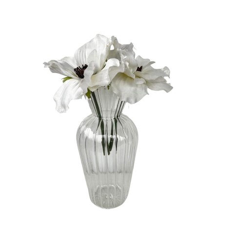 Vaso de Vidro Pequeno Decorativo Plissado com Flor Branca
