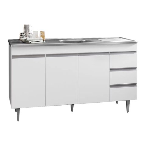 Balcão de Cozinha com Pia Inox 160cm 3 Gavetas Andréia Branco - Ajl Móveis