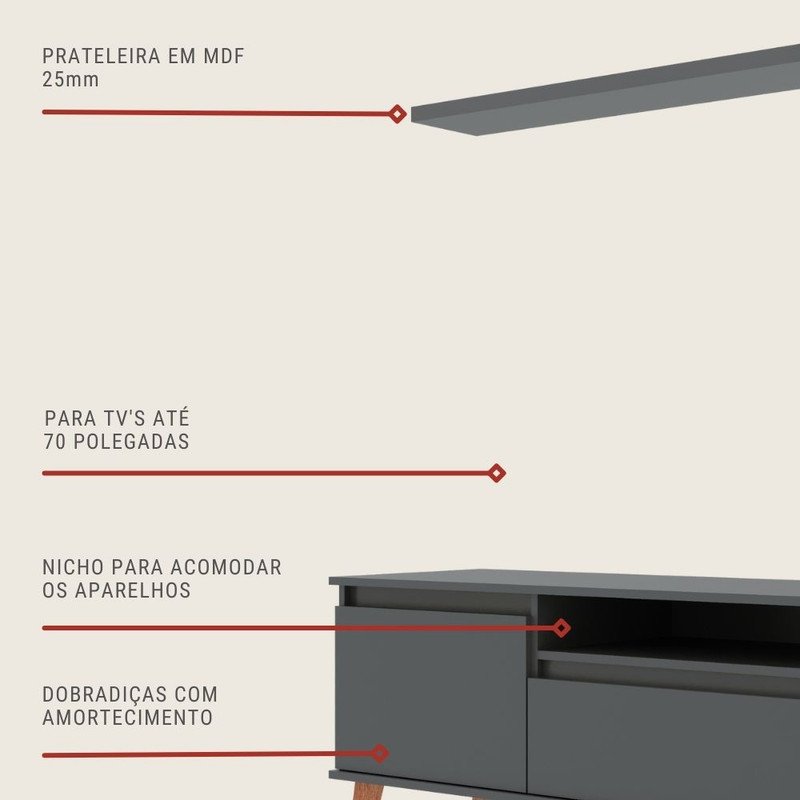 Rack para Tv com Prateleira 180cm Retro Mdf Grafite Dallas - On Móveis - 4