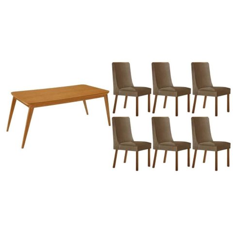 Sala Jantar Mesa Havana Tampo Curvo 180cm+6 Cadeiras Dakota Madeira Naturale - Capuccino/suede