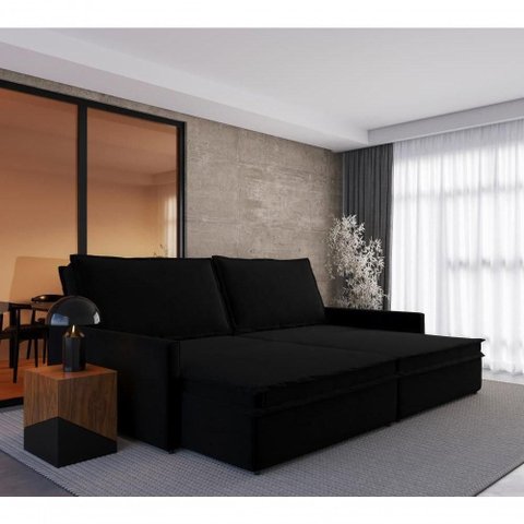 Sofá-Cama Túnísia 4 Lugares Retrátil e Reclinável 214cm Preto Suede