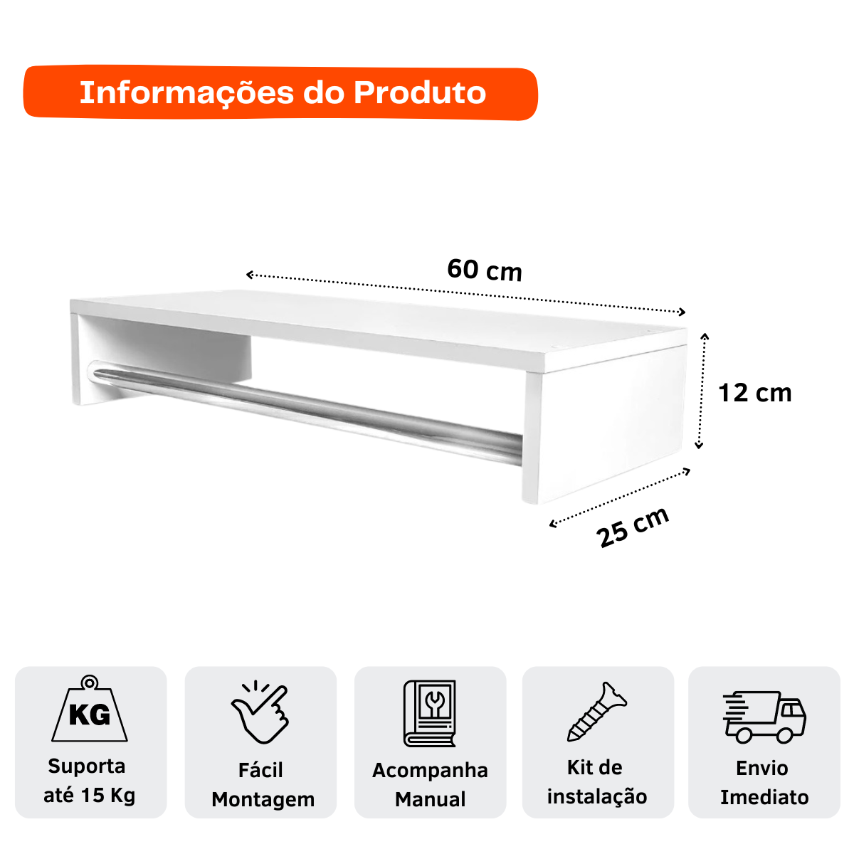 Cabideiro Arara de Roupas Parede Branca Preta Closet Organizador 60 Cm Suspensa Lavanderia Quarto - 4
