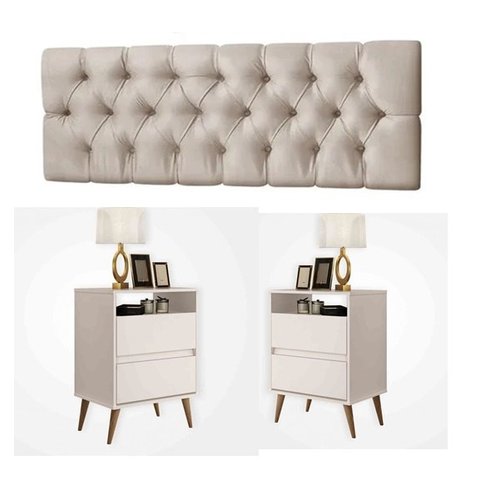 Conjunto Cabeceira Painel Paris 1,40 Capitone com Mesas de Cabeceira Lotus 2 Gav Off White - Rede Mó