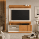 Ver imagem 1 de Estante Painel Home Goiás 150cm para TV 55 Polegadas MDP Ripado Porta Correr UV - Offwhite/Canela