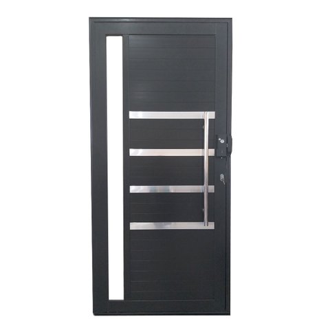 Porta Pivotante de Alumínio Preto 2,10 x 1,00 com Pux. Friso e Visor com Fechadura Digital - Direita
