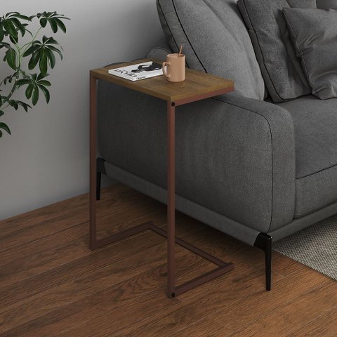 Mesa Lateral de Apoio Industrial Sofá Charmme Ferro Cobre e Tampo Freijó
