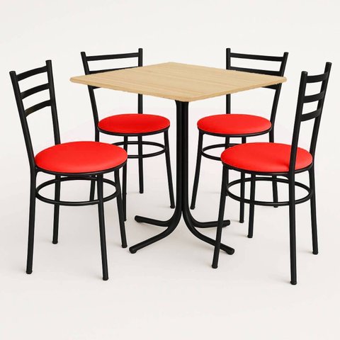 Conjunto Mesa Preta 70x70cm Tampo Pinus com 4 Cadeiras Epoxi