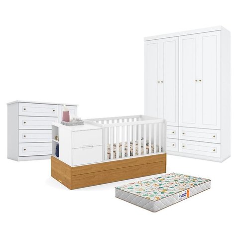 Quarto de Bebê Americano 4 Portas Com berço Americano Multifuncional Formare Branco Freijó - Matic -