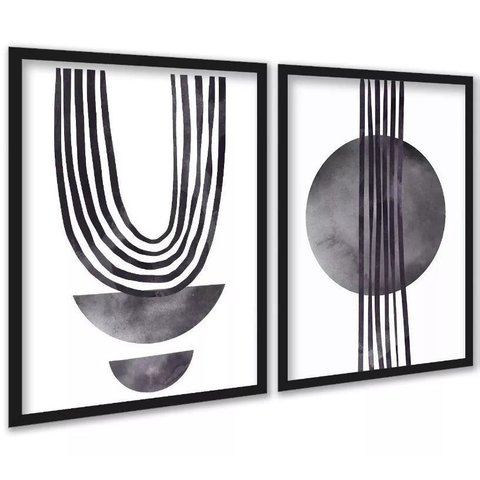 Kit 2 Quadros Modernos Cinza para Sala ou Quarto 24x18cm:moldura Preta