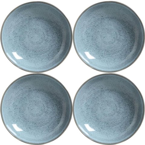 Jogo 4 Pratos Fundo Cerâmica 22,5cm Azul Bio Brezze 830ml Porto Brasil Stoneware