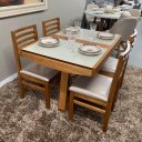 Ver imagem 3 de Sala de Jantar Mesa Elástica Itália com 4 Cadeiras Bali D'confort Design Linho Mesclado Bege e Cinza