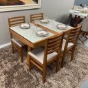 Ver imagem 2 de Sala de Jantar Mesa Elástica Itália com 4 Cadeiras Bali D'confort Design Linho Mesclado Bege e Cinza