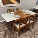 Ver imagem 1 de Sala de Jantar Mesa Elástica Itália com 4 Cadeiras Bali D'confort Design Linho Mesclado Bege e Cinza